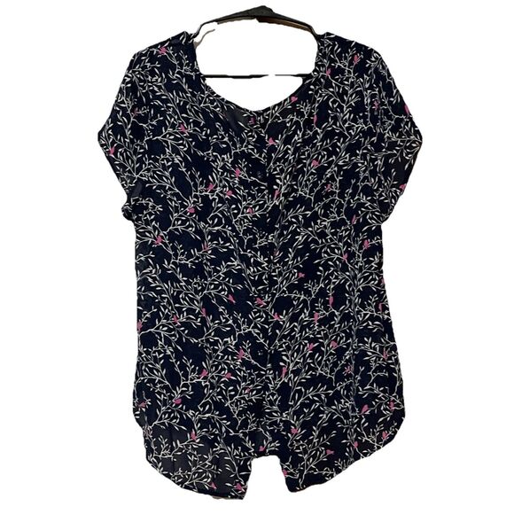 TORRID Womens Size 0 Blue Floral Bird Print Sheer Chiffon Button Back Blouse Top - Picture 2 of 8
